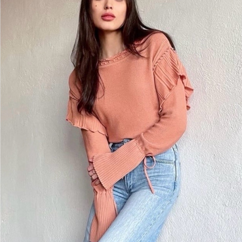 Rebecca Taylor • Coral Pointelle Ruffle Quilt Bell Sleeve Pullover Sweater